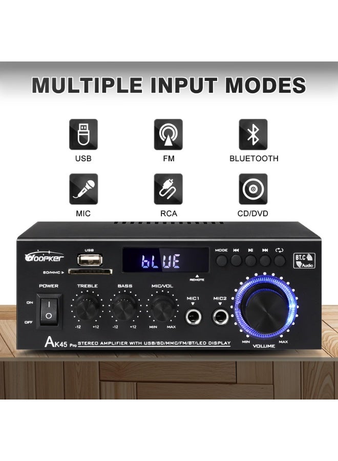 مكبر صوت ستريو مستقبل AK45Pro - صوت منزلي 400 واط مع بلوتوث 5.3، مكبر طاقة بقناتين 2.0، إدخال USB/SD/RCA/FM و 2 ميكروفون للغناء، نظام مسرح منزلي مع جهاز تحكم عن بعد - Image 2